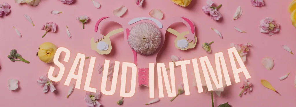 Banner de salud íntima con ilustración del aparato reproductor femenino y flores sobre fondo rosa, categoría de salud íntima femenina