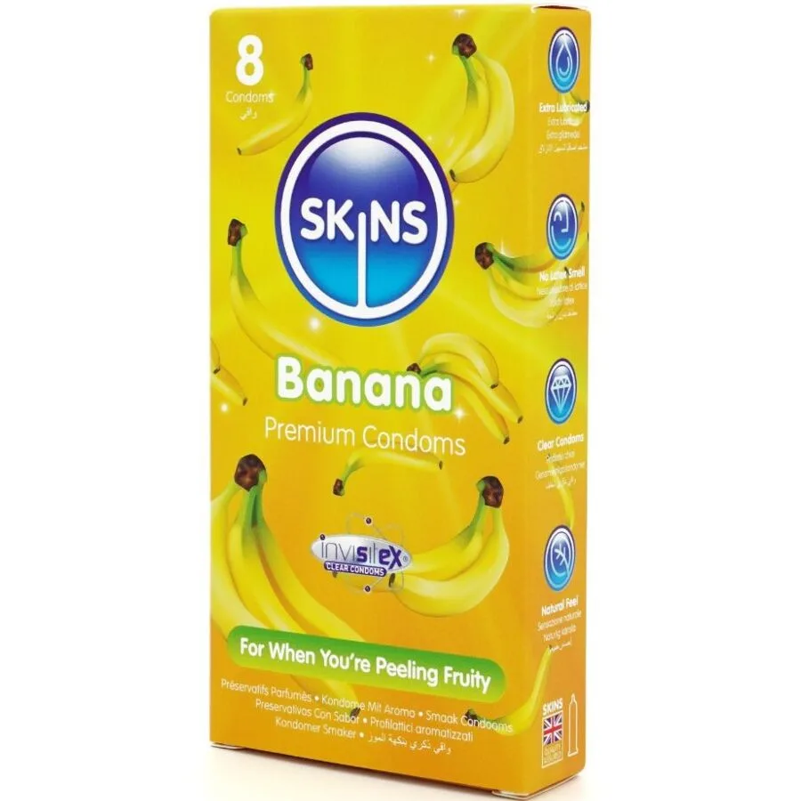 skins - preservativos premium sabor plátano pack 8 imagen 2 | karma sex & shop