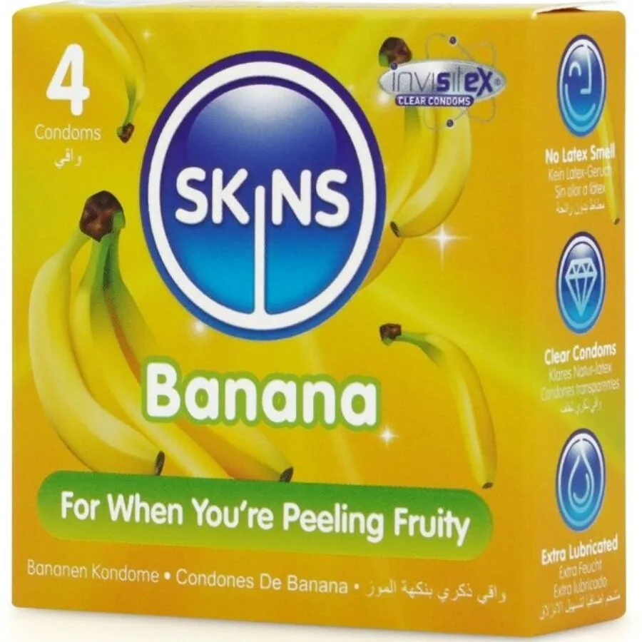 skins - preservativos premium sabor plátano pack 4 imagen 2 | karma sex & shop